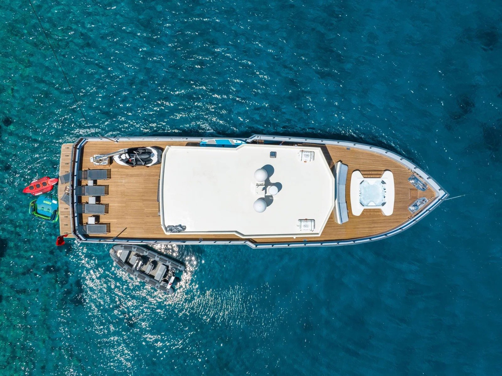 CD3023 30m luxury motor yacht charter Bodrum aerial top-down view cruising the Aegean coast