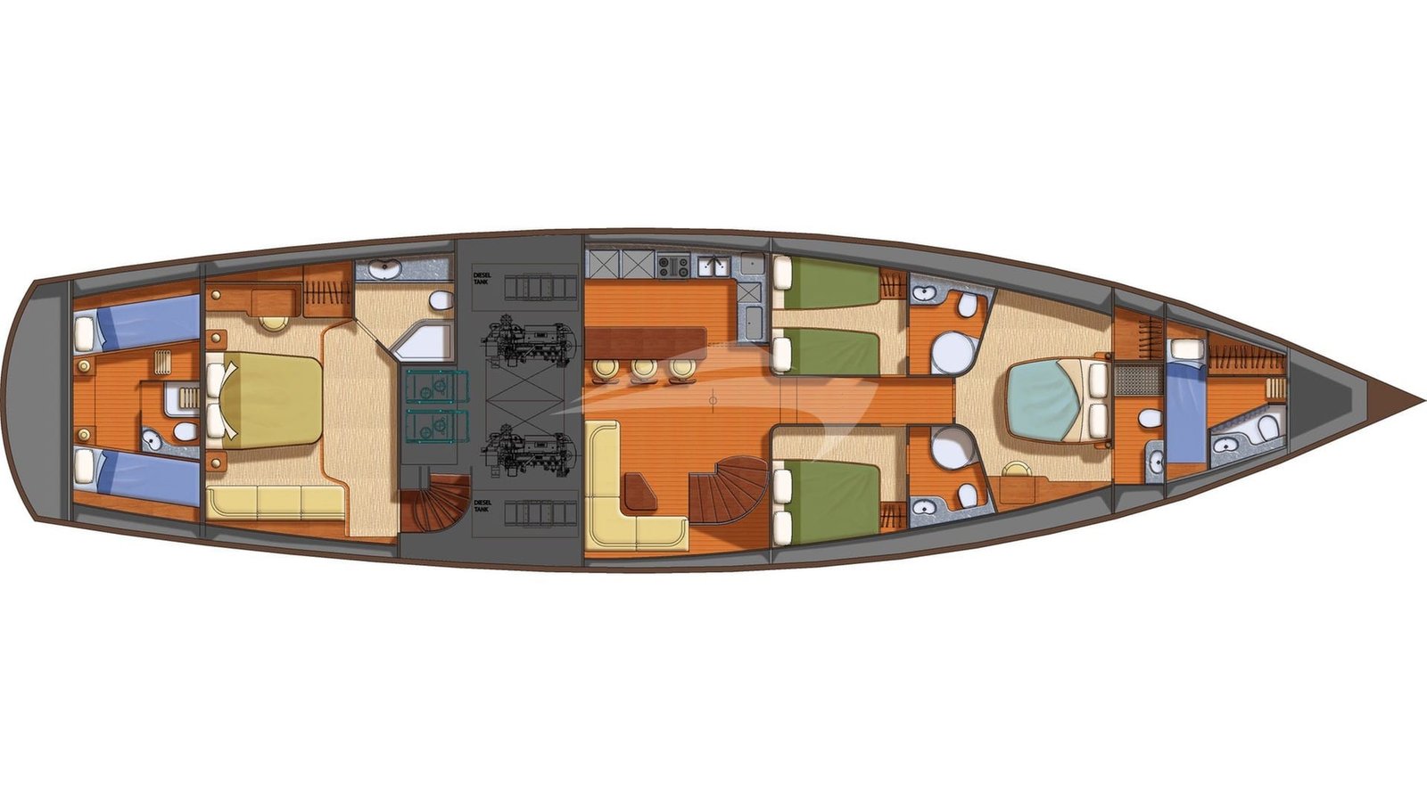 General arrangement layout plan of a 26m crewed sailing yacht with four cabins