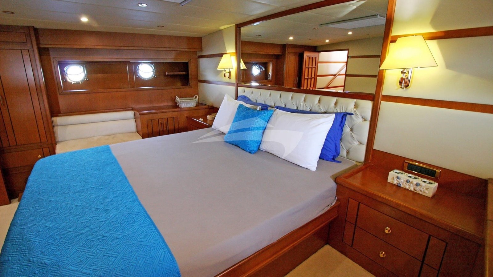 Aft master cabin with California king berth aboard a crewed sailing yacht in Bodrum