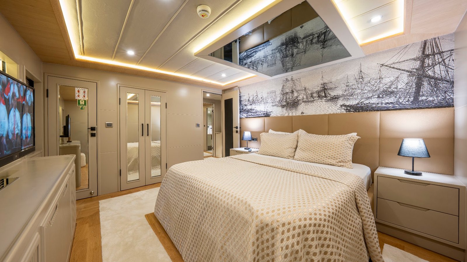 Fourth guest cabin aboard luxury trawler charter Fethiye SF2615 with smart TV and wardrobe