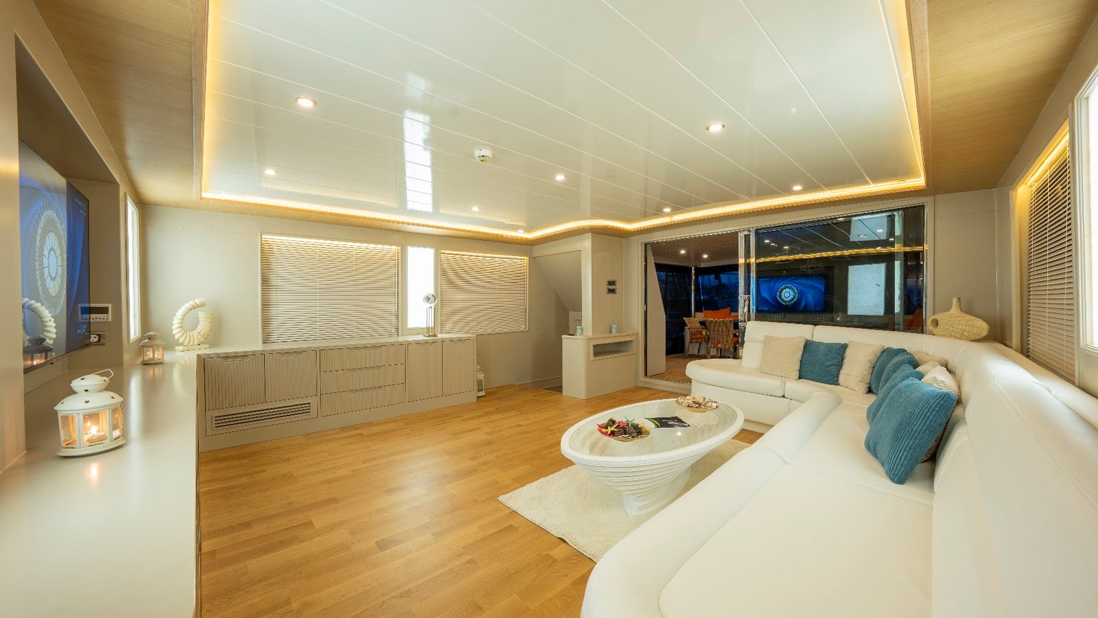 Main saloon lounge aboard luxury trawler charter Fethiye SF2615 with sea views