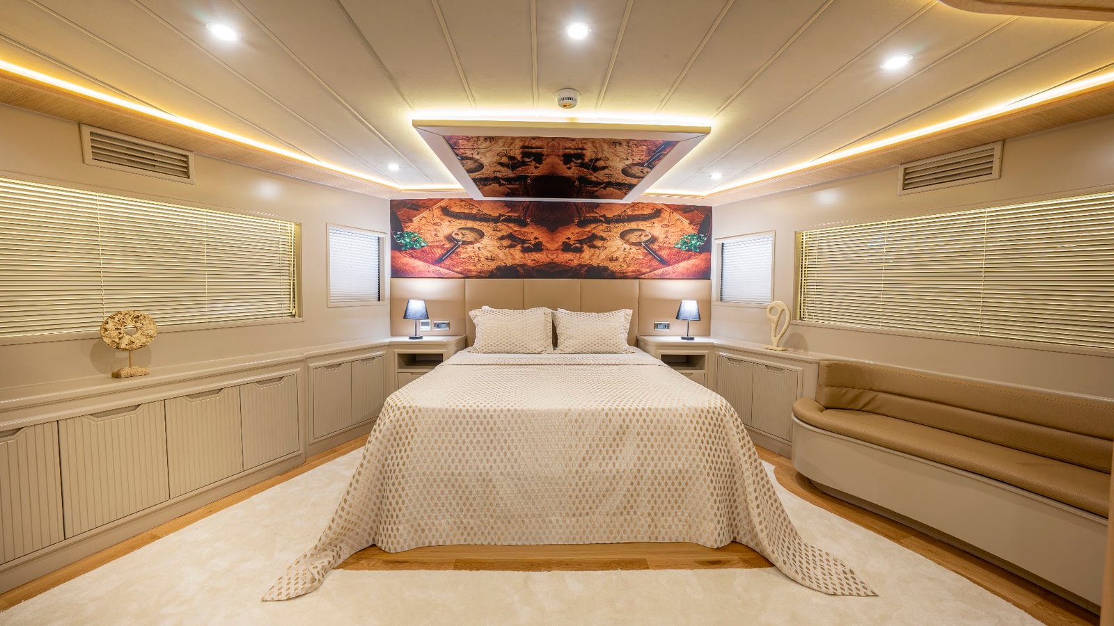 VIP double cabin on luxury trawler charter Fethiye SF2615 with panoramic headboard art