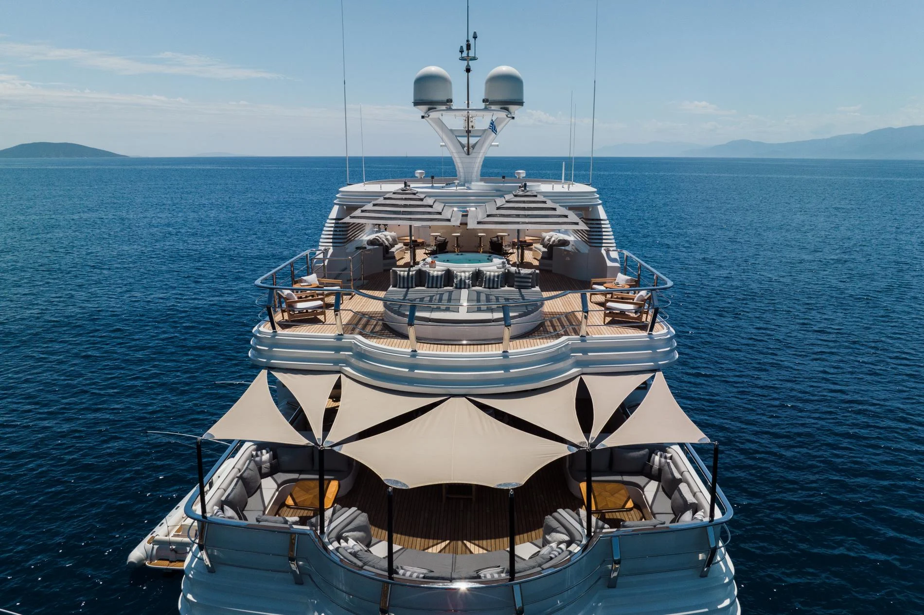 Aerial bow view with shade sails aboard a 47m superyacht charter, Göcek — OS4712