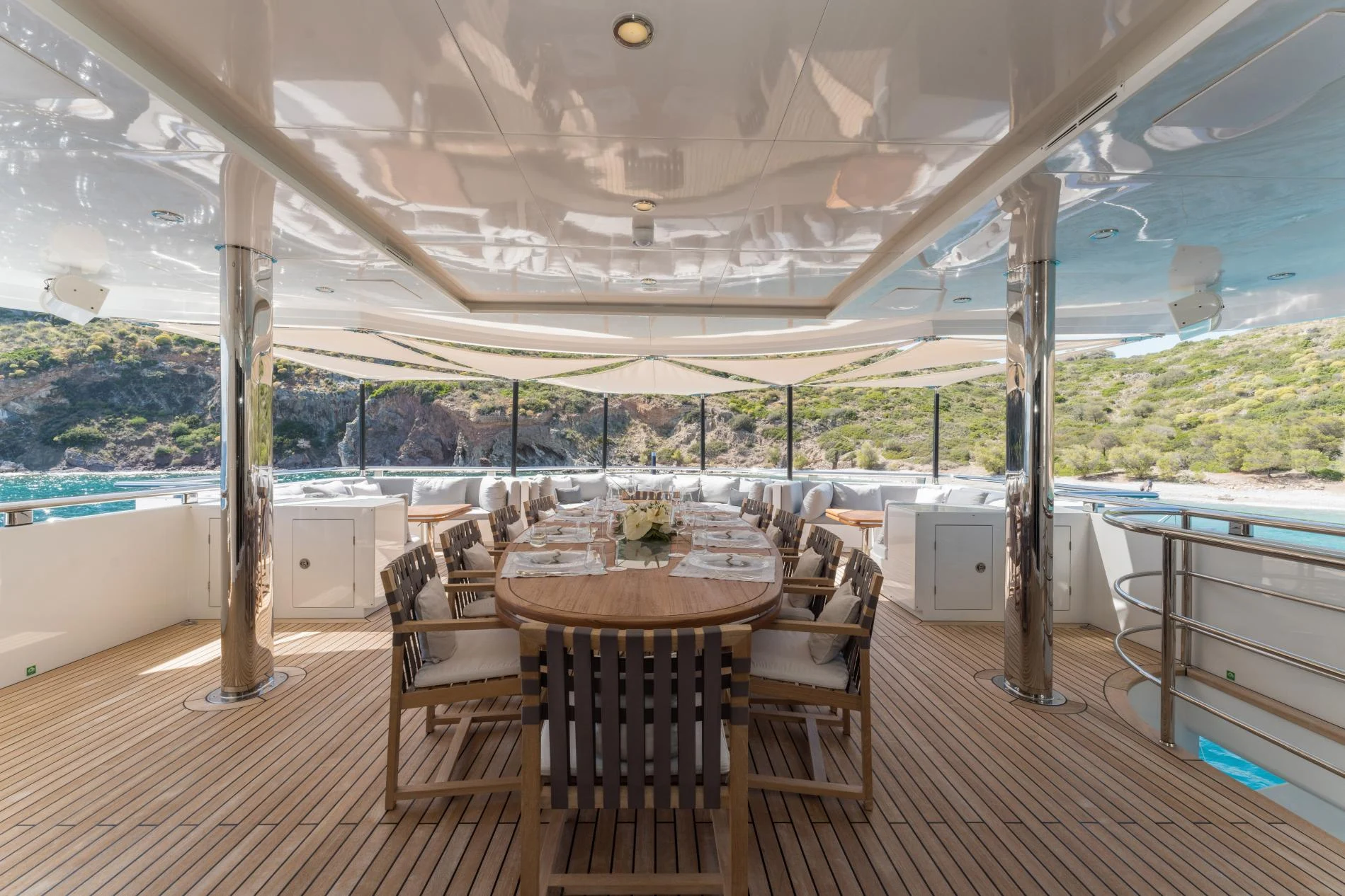 Aft deck dining table for twelve aboard a 47m luxury superyacht charter Göcek — OS4712