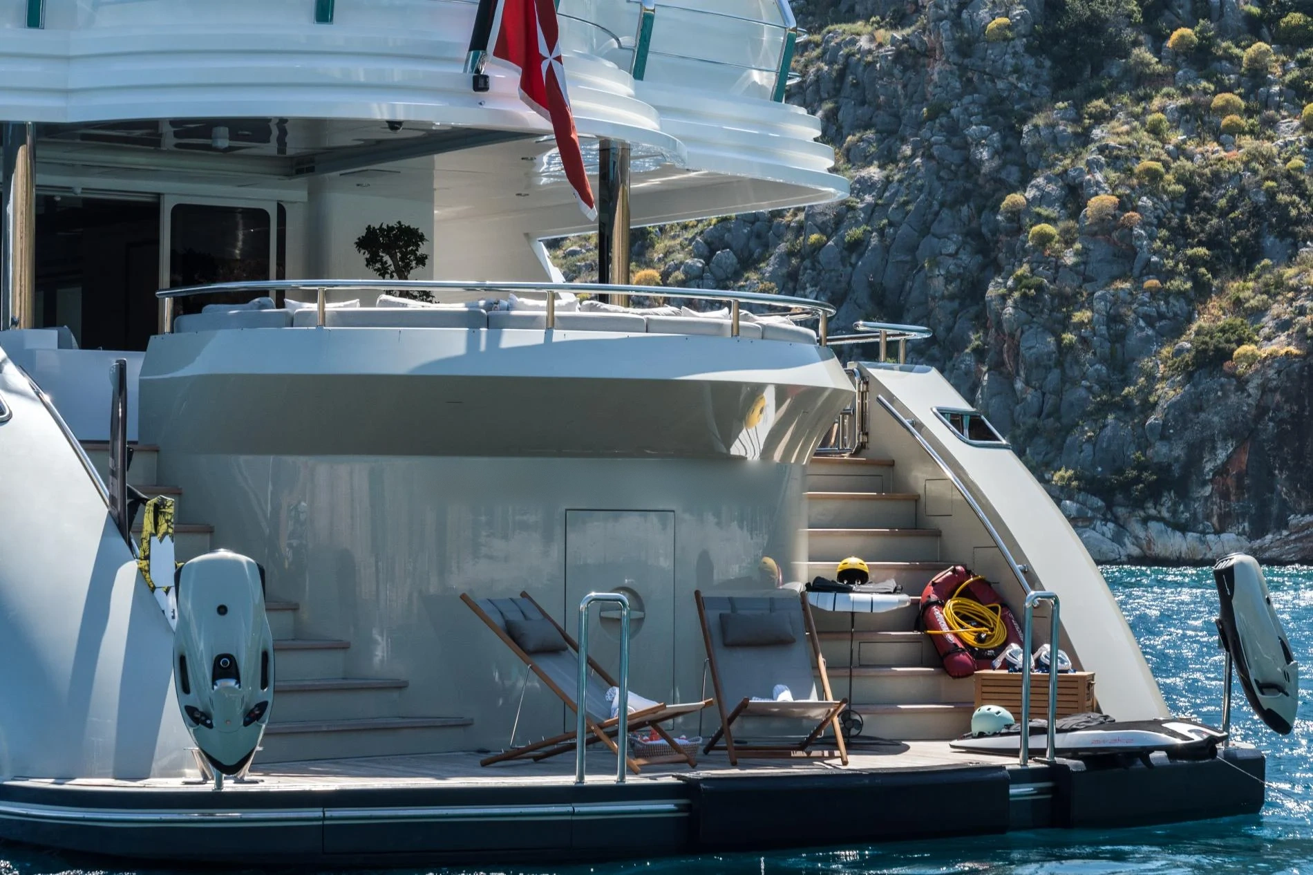 Beach club and swim platform with water toys aboard a 47m superyacht charter in Göcek — OS4712