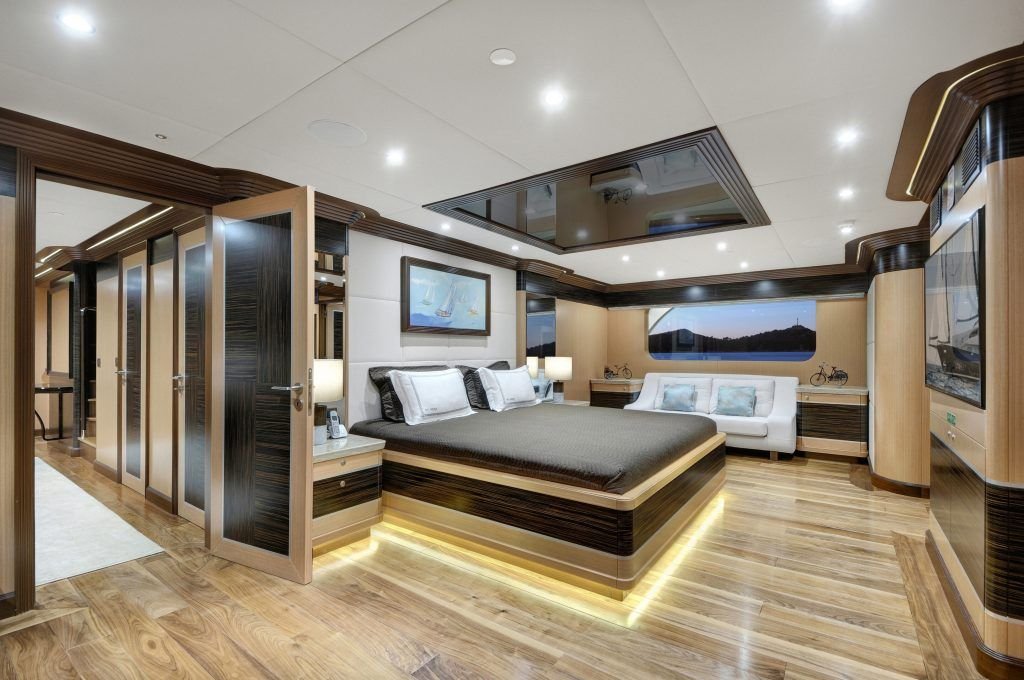 Main-deck master cabin with king bed aboard a 55m superyacht charter in Bodrum