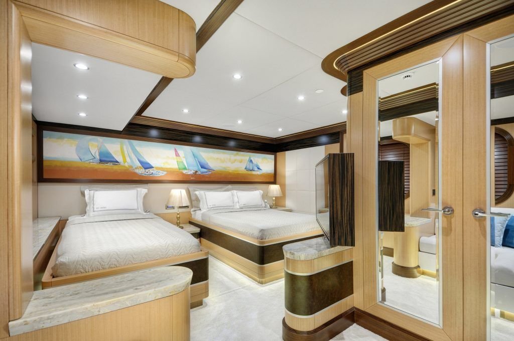 Guest twin cabin aboard a 55m superyacht charter based in Bodrum