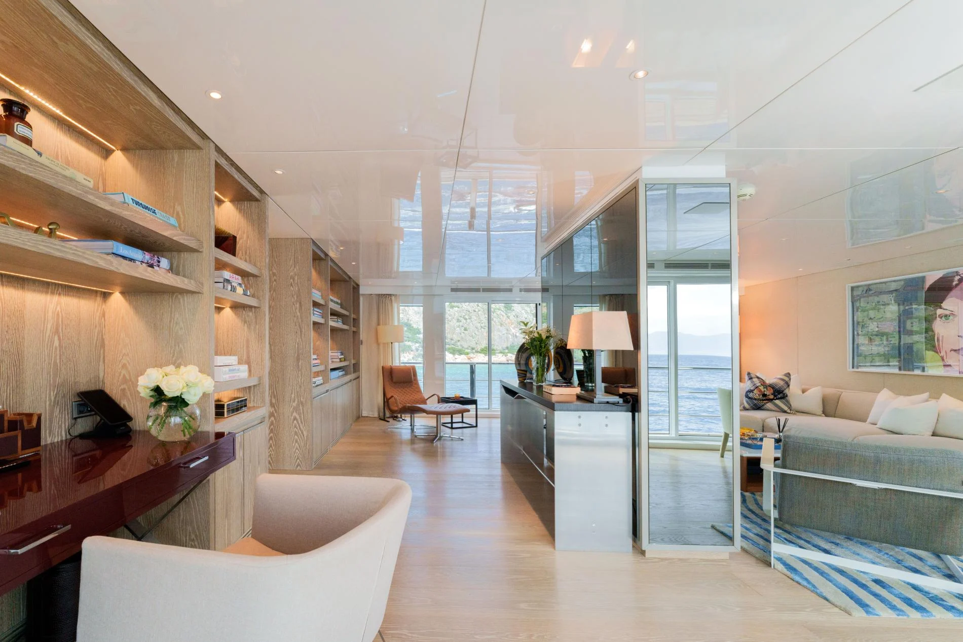 Study and library with walnut joinery aboard a 47m superyacht charter Göcek — OS4712