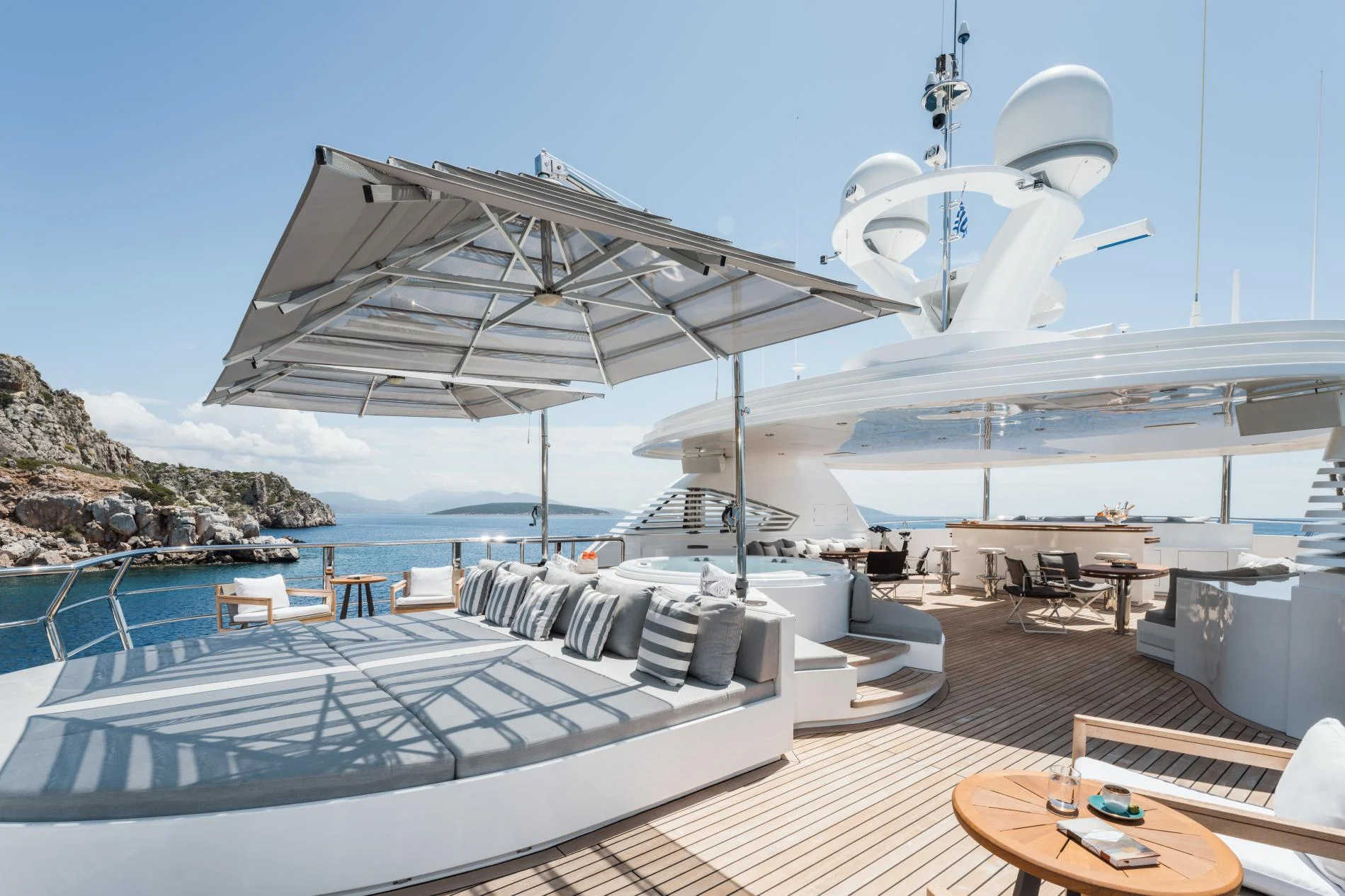Sundeck sun pads and parasol aboard a 47m crewed superyacht charter, Turkey — OS4712