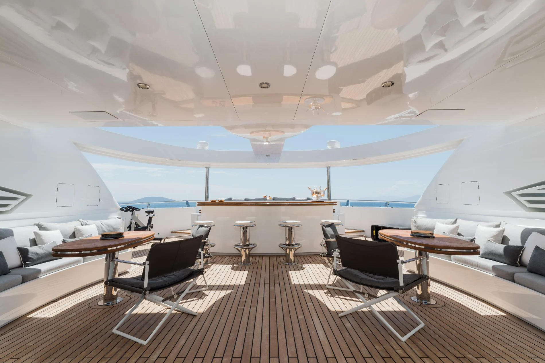 Upper deck bar and lounge aboard a 47m crewed superyacht charter, Turkish Riviera — OS4712