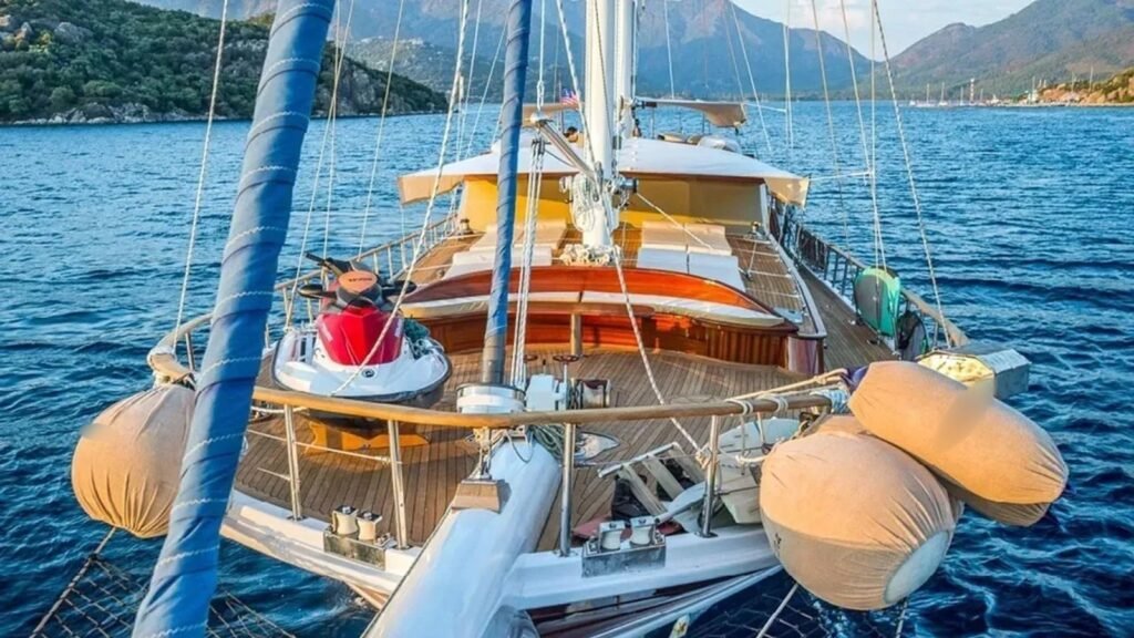 Traditional gulet charter Bodrum: teak decks, jet ski and mahogany rails on a 34m gulet at anchor