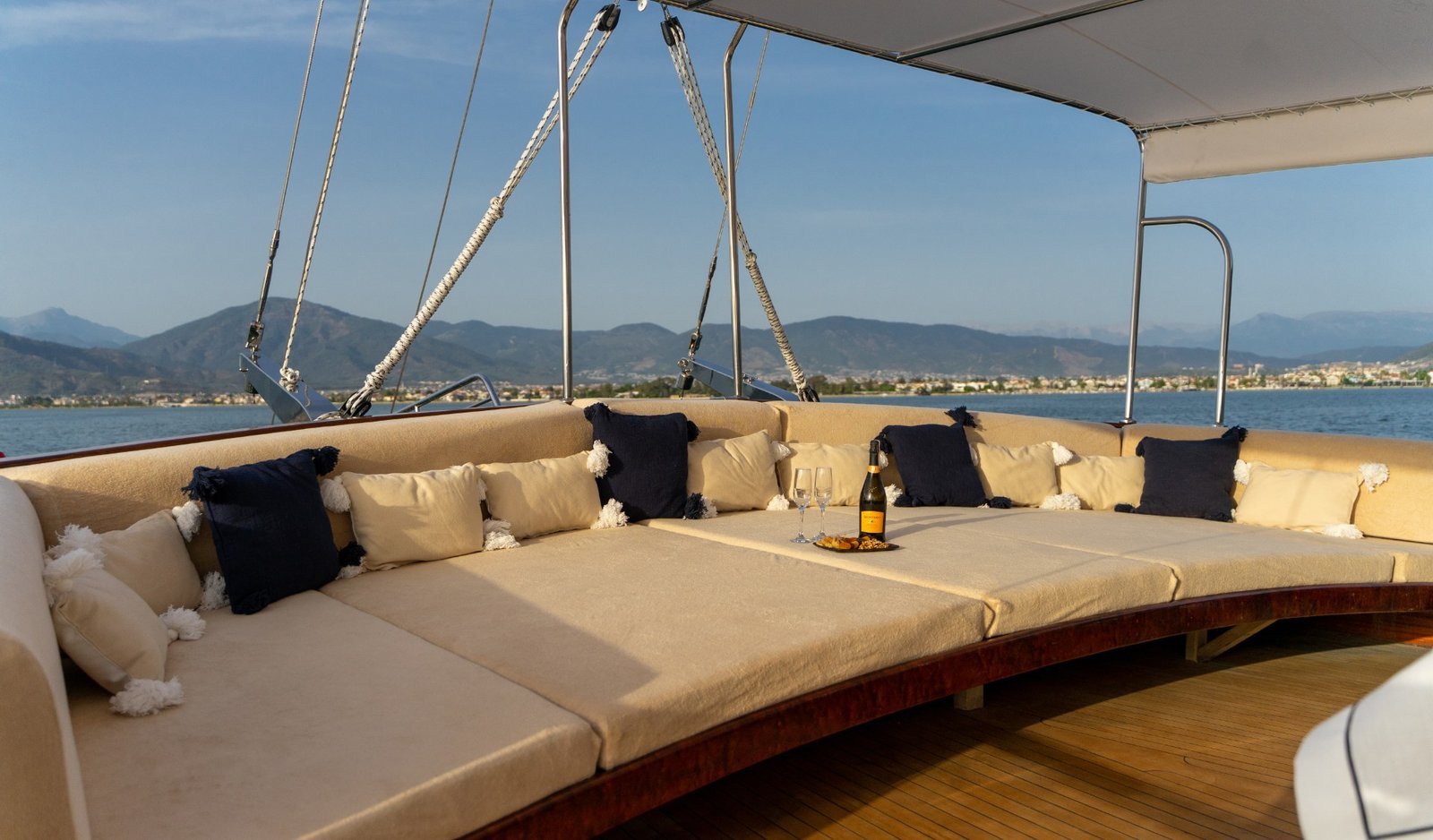 Aft deck lounge seating aboard Happy Days, Luxury Gulet Charter Fethiye