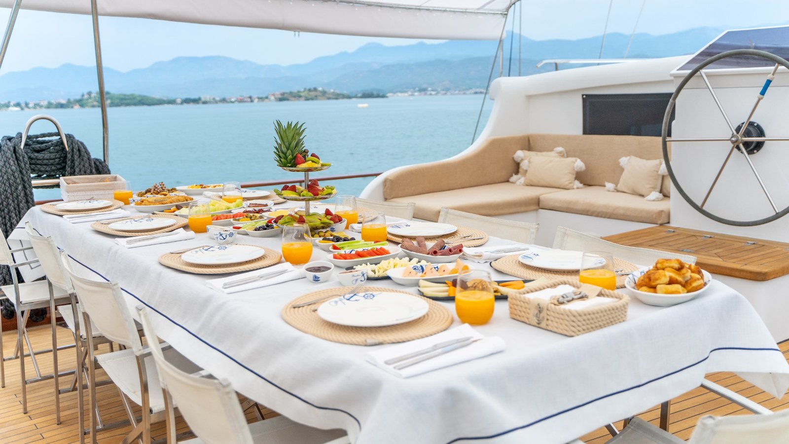 Onboard dining spread aboard Happy Days, Mediterranean gastronomy and boat-in dining