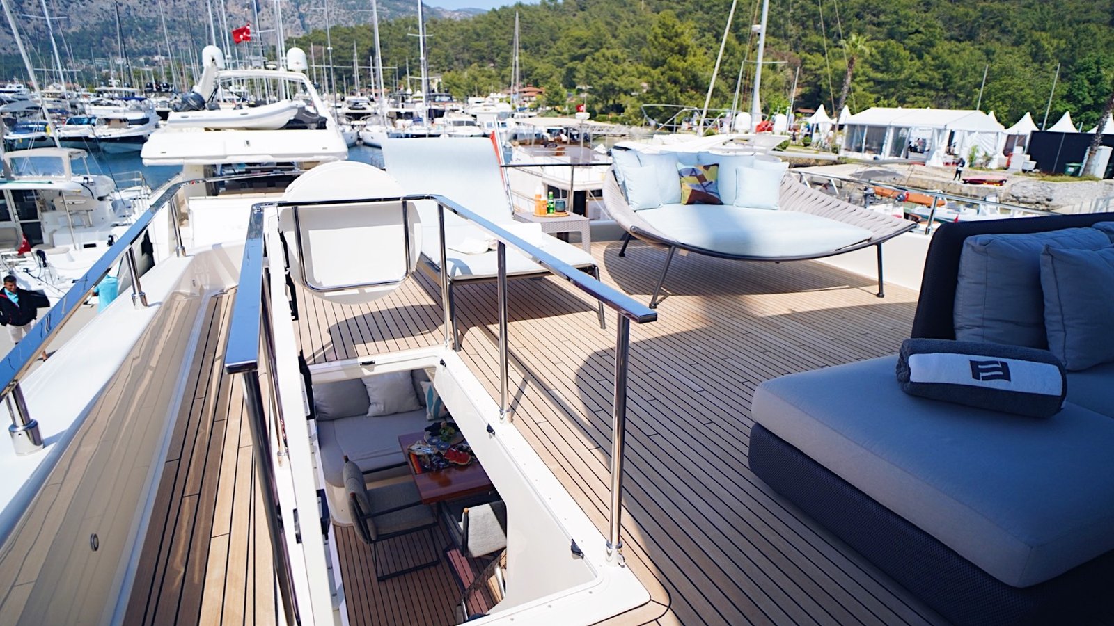 Flybridge lounge seating aboard FR2601, Ferretti Yacht Charter Bodrum