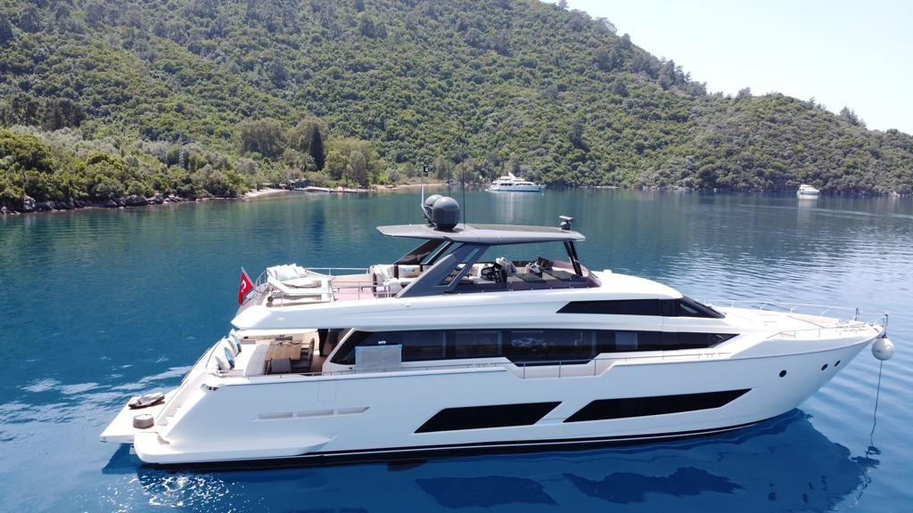 FR2601 Ferretti Yacht Charter Bodrum anchored in a sheltered bay