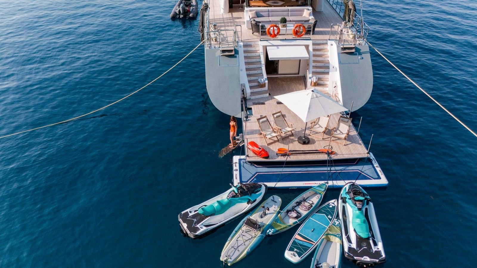 Swim platform, sea pool and water toys on a luxury sailing yacht charter in Gocek