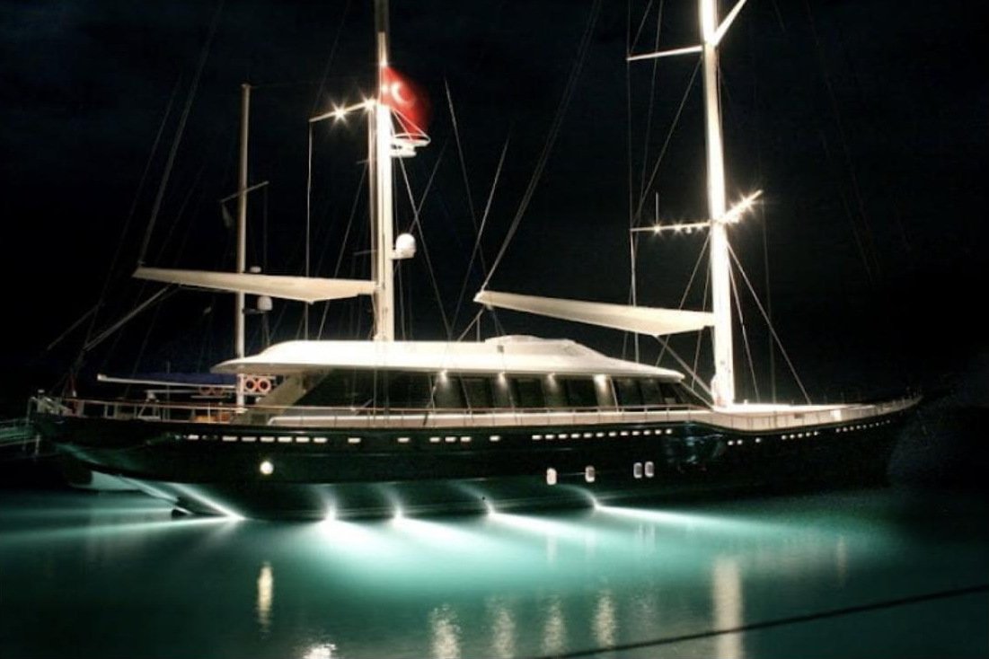 46m sailing gulet lit at night alongside, gulet charter Bodrum