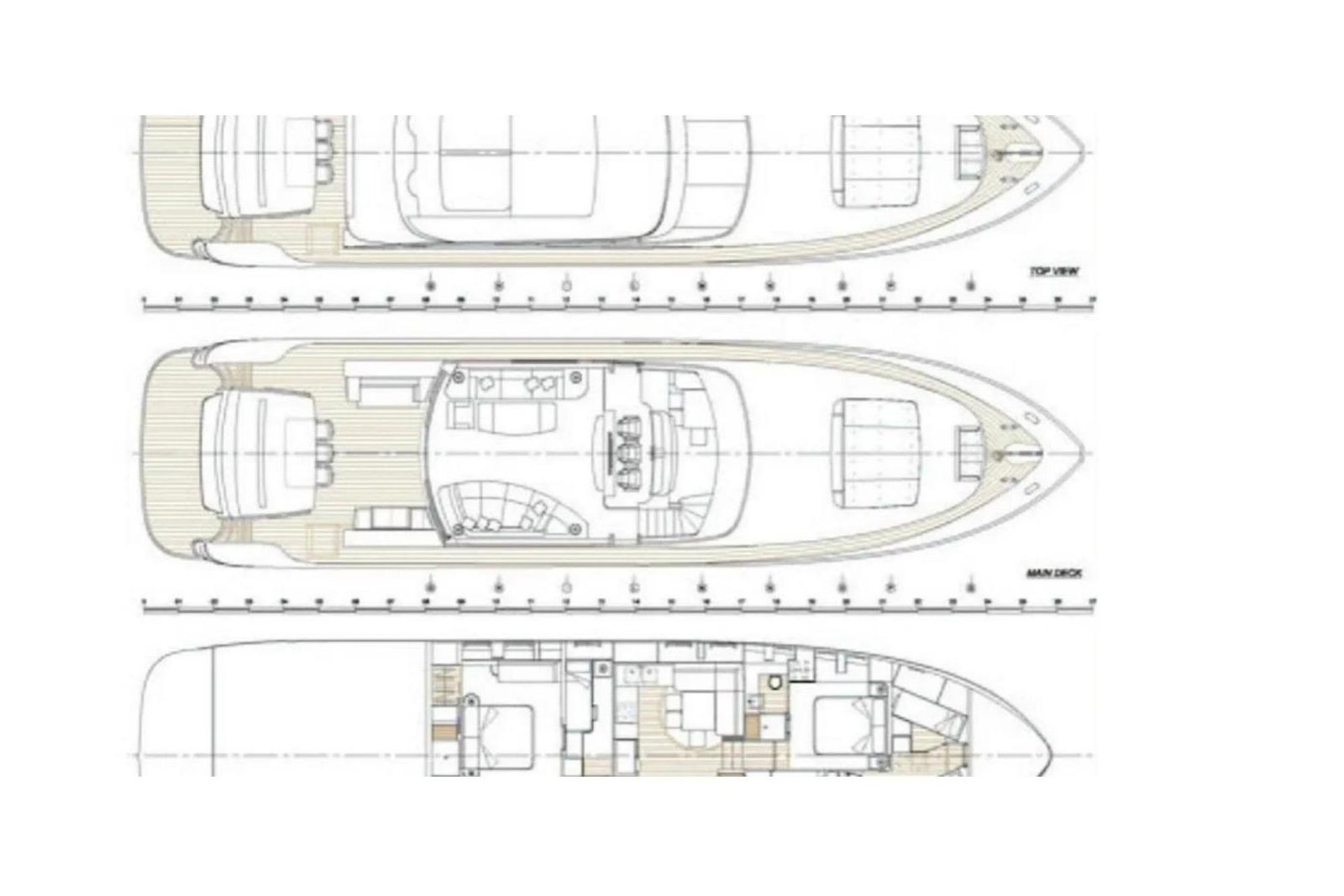 General arrangement plan of an AB Yachts 92 charter Göcek showing top view, main deck and lower deck