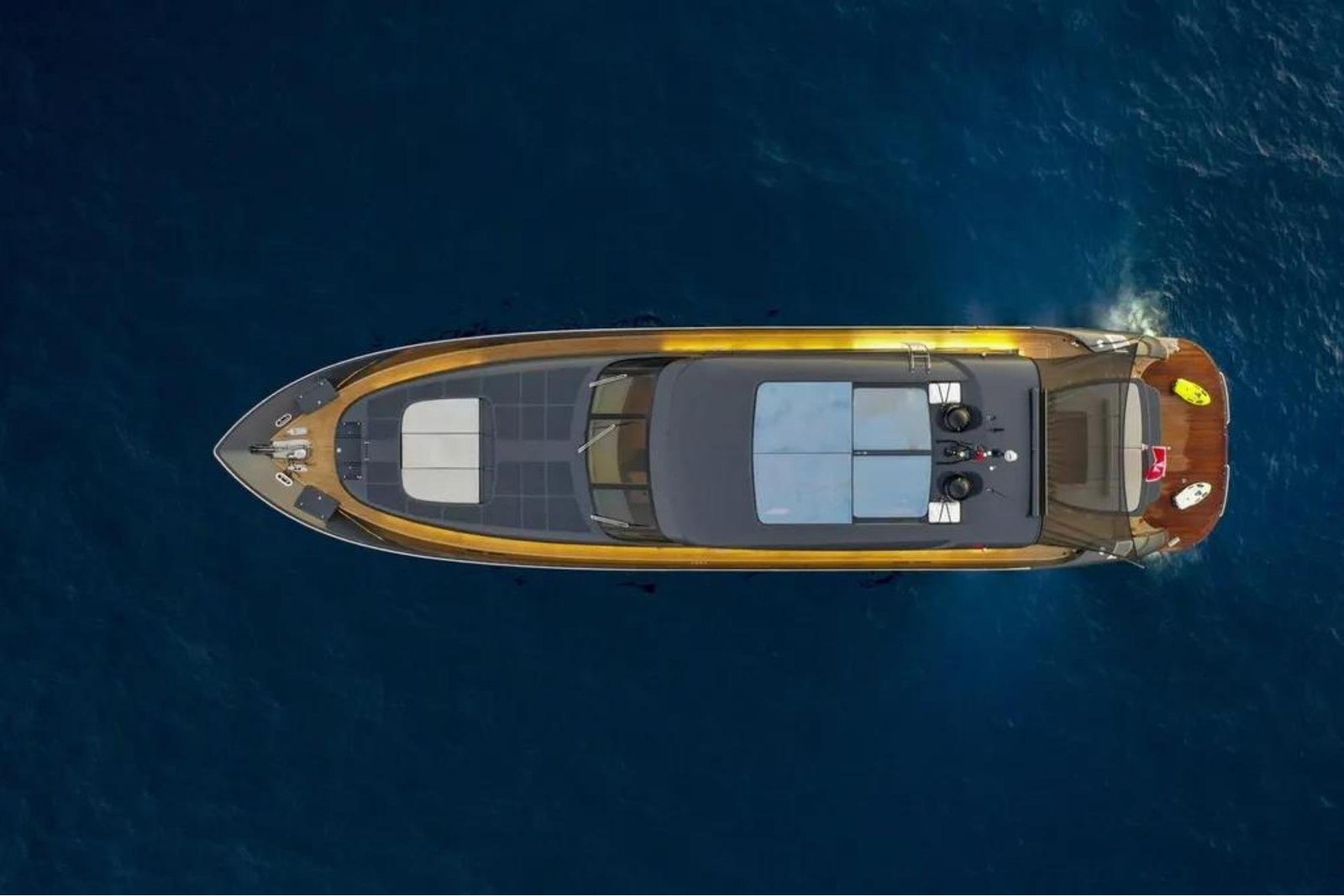Overhead drone view of an AB Yachts 92 charter Göcek showing her full deck layout