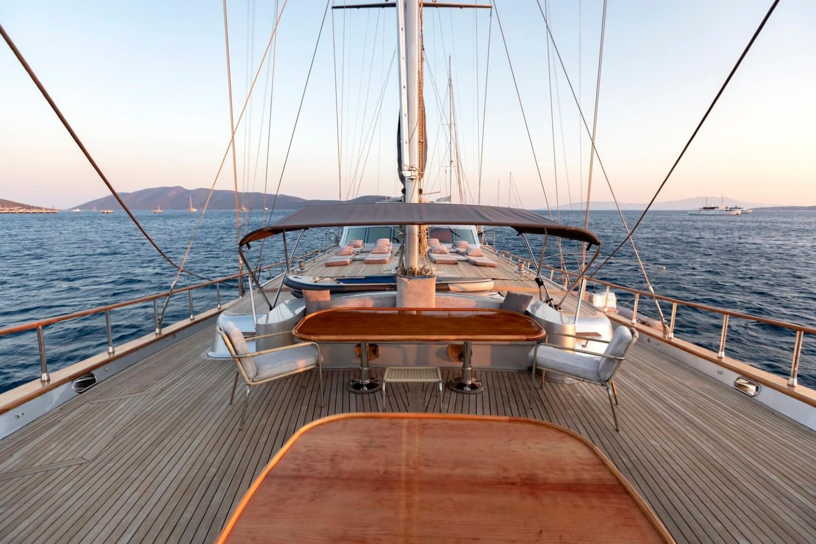 Aft deck dining area aboard the deluxe motor sailer charter Bodrum SM3610