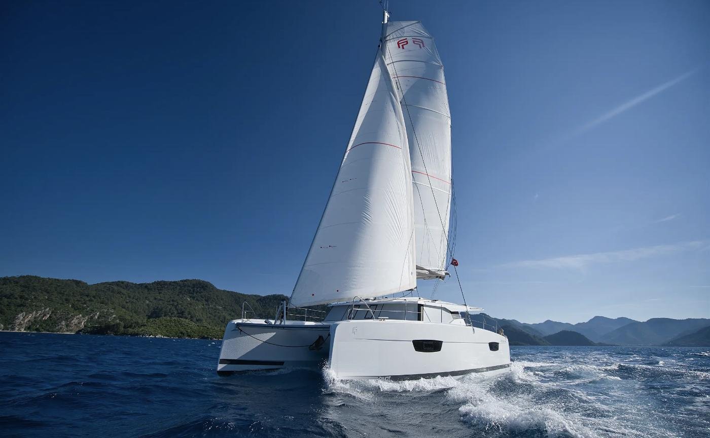 Fountaine Pajot Astrea 42 charter catamaran sailing close-hauled near Marmaris