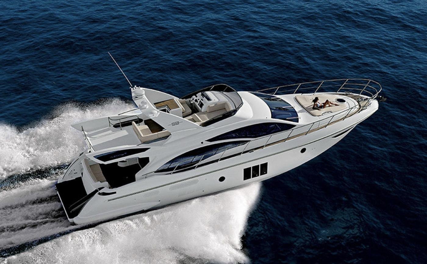 Azimut 58 flybridge motor yacht under way on an Azimut 58 charter Athens