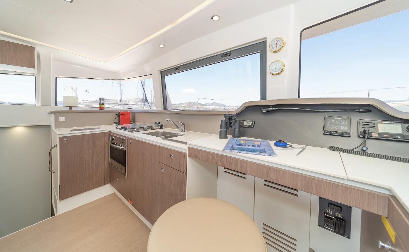 Galley, chart table and navigation station on a Bali 4.1 catamaran