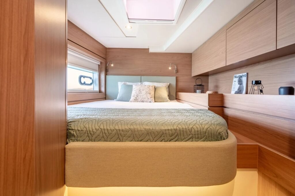 Bali 4.6 catamaran double cabin with island berth, hull window and overhead hatch, Rhodes charter LE1406