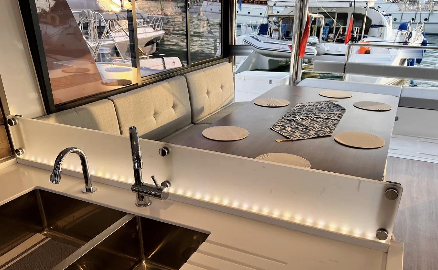 Galley bar and dining table on a Bali 4.8 charter Fethiye