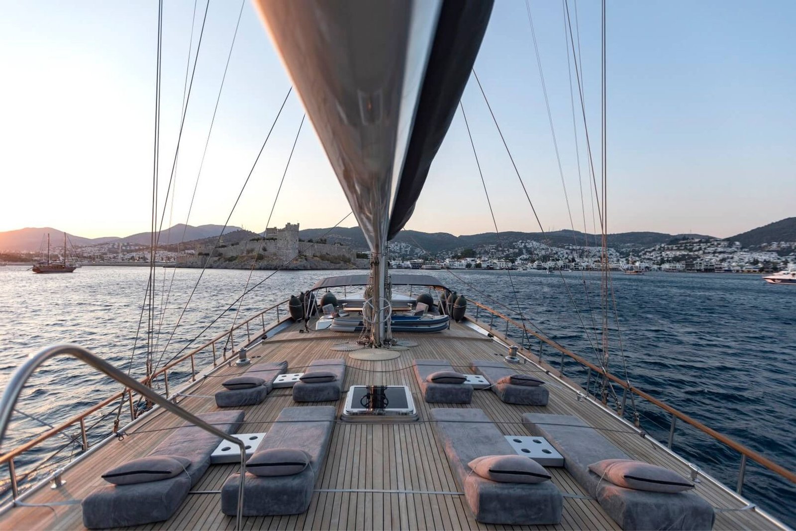Bow lounge and sunpads aboard motor sailer charter Bodrum SM3610