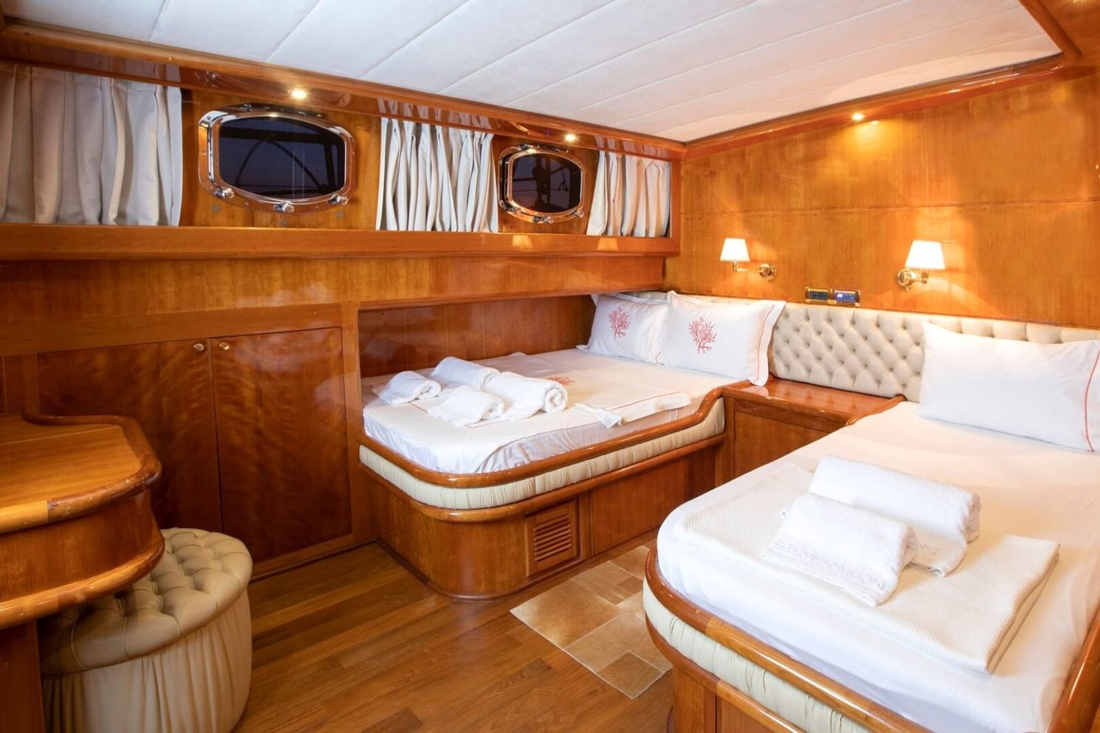 Twin cabin with entertainment unit aboard motor sailer charter Bodrum