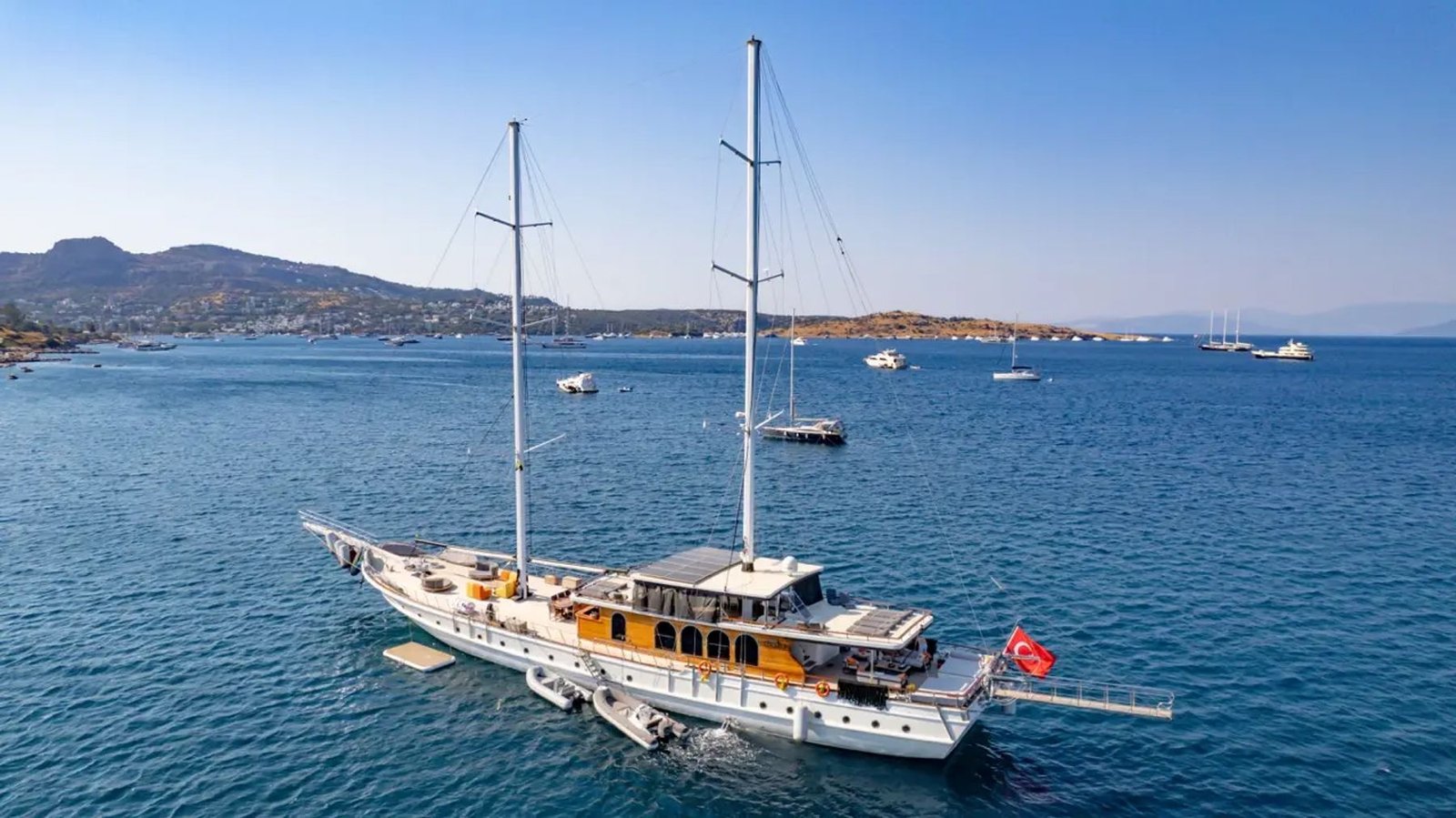 Grand gulet charter Bodrum CA4007 - aerial view of the 40m gulet in Bodrum bay