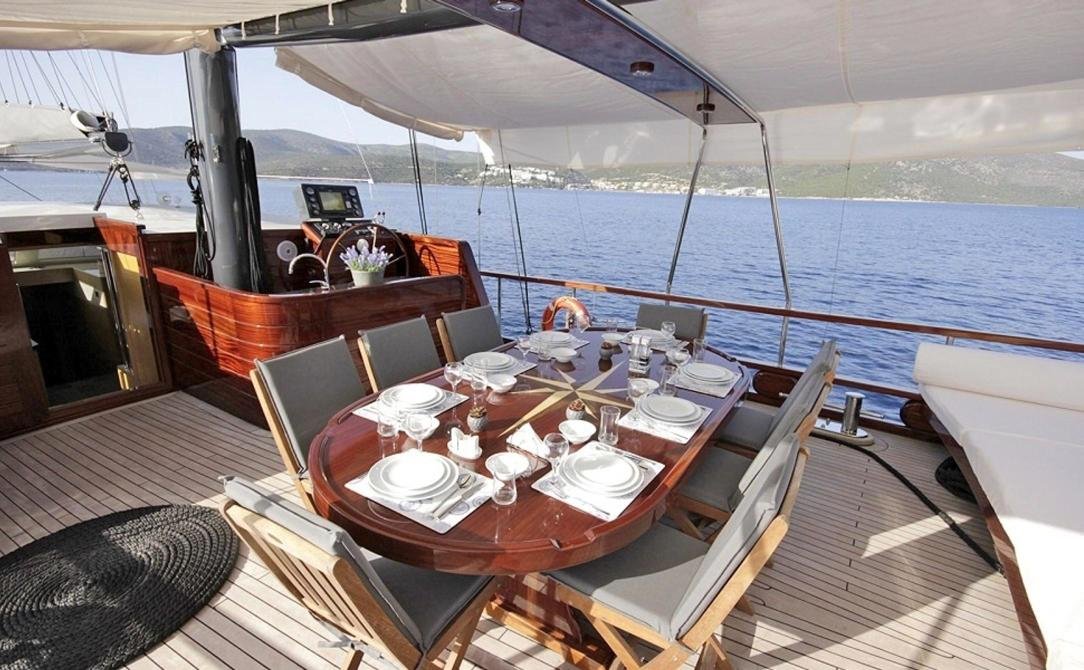 Contemporary gulet charter Bodrum - aft deck dining beside the helm console
