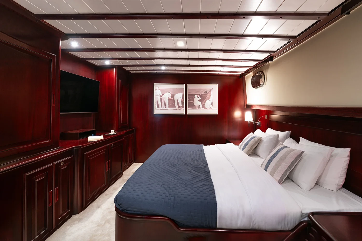 AS3310 motor yacht Gocek charter starboard double cabin with mahogany joinery