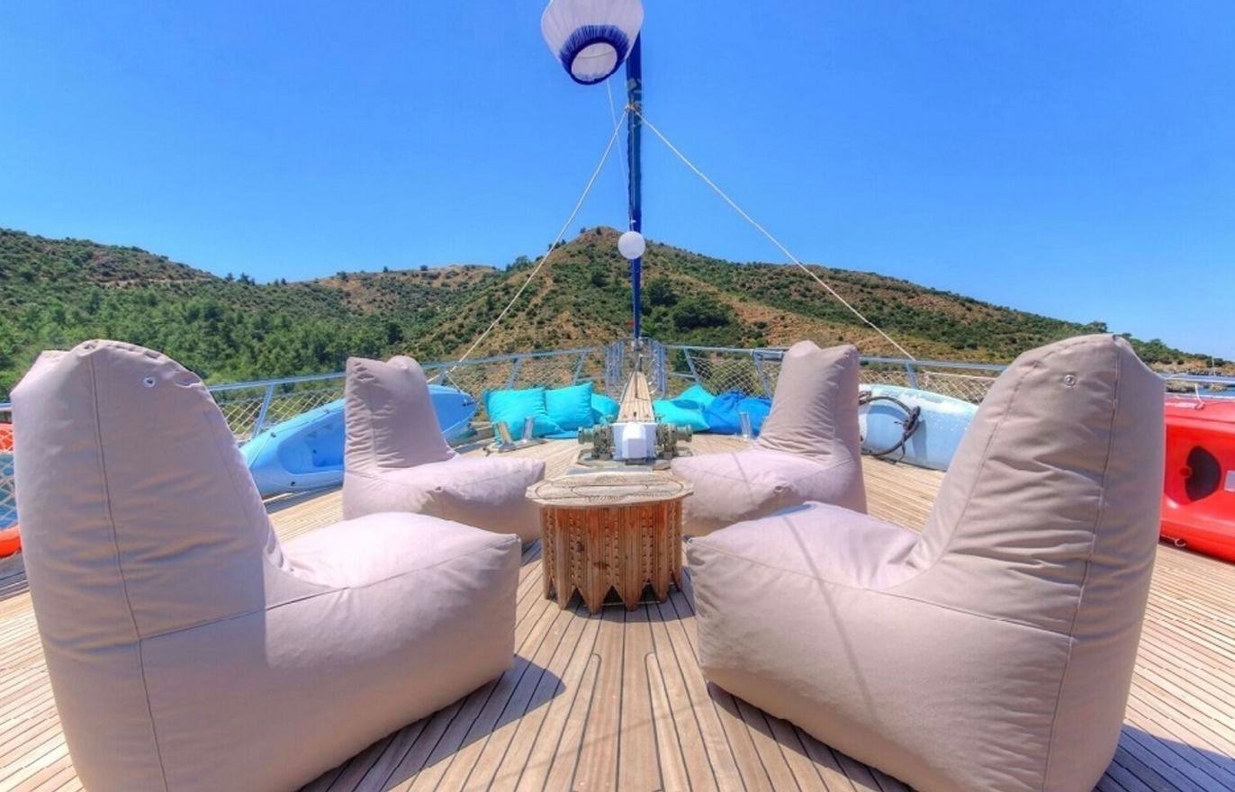 Bow lounge with bean bags and a low table on a deluxe gulet charter Fethiye