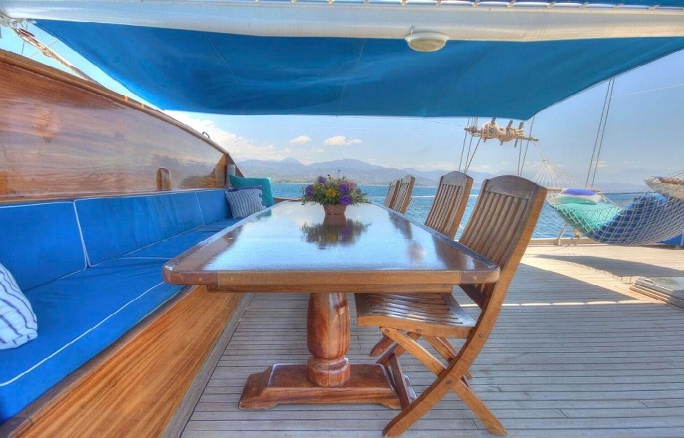 Aft deck dining table under a blue awning aboard a 27m gulet