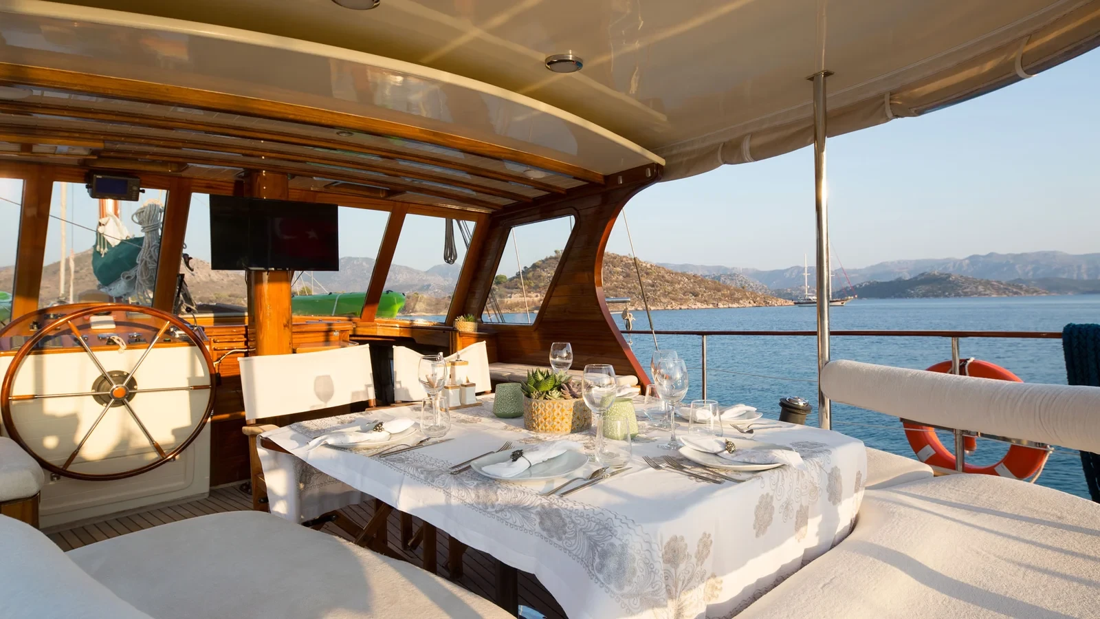 LF2308 23m deluxe gulet charter Rhodes aft deck alfresco dining