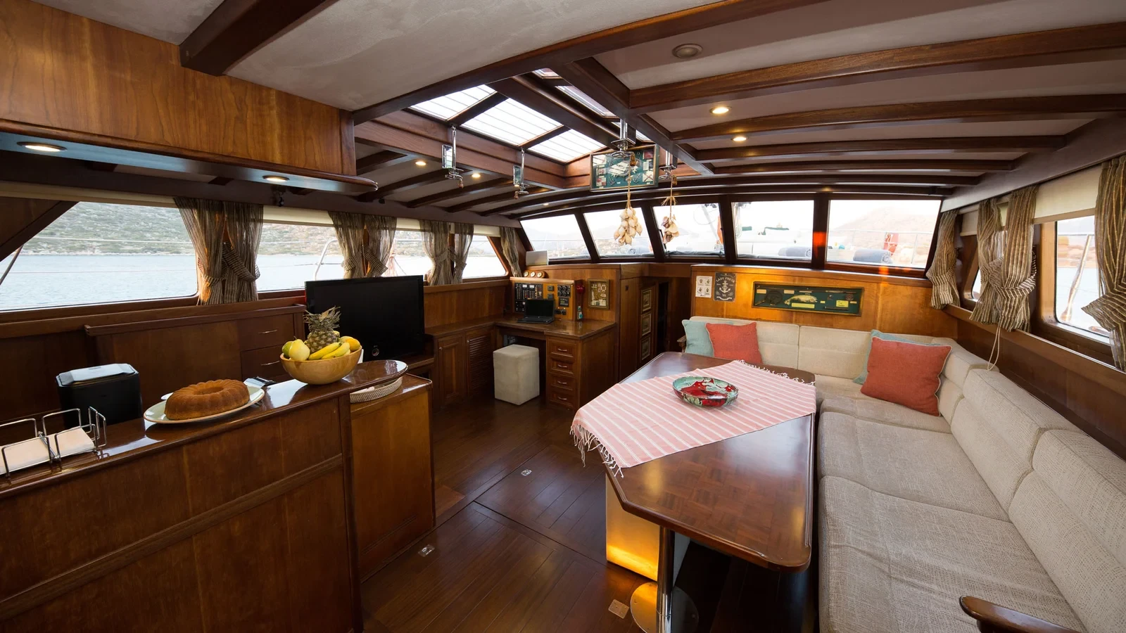 LF2308 23m deluxe gulet charter Rhodes saloon helm wheelhouse interior