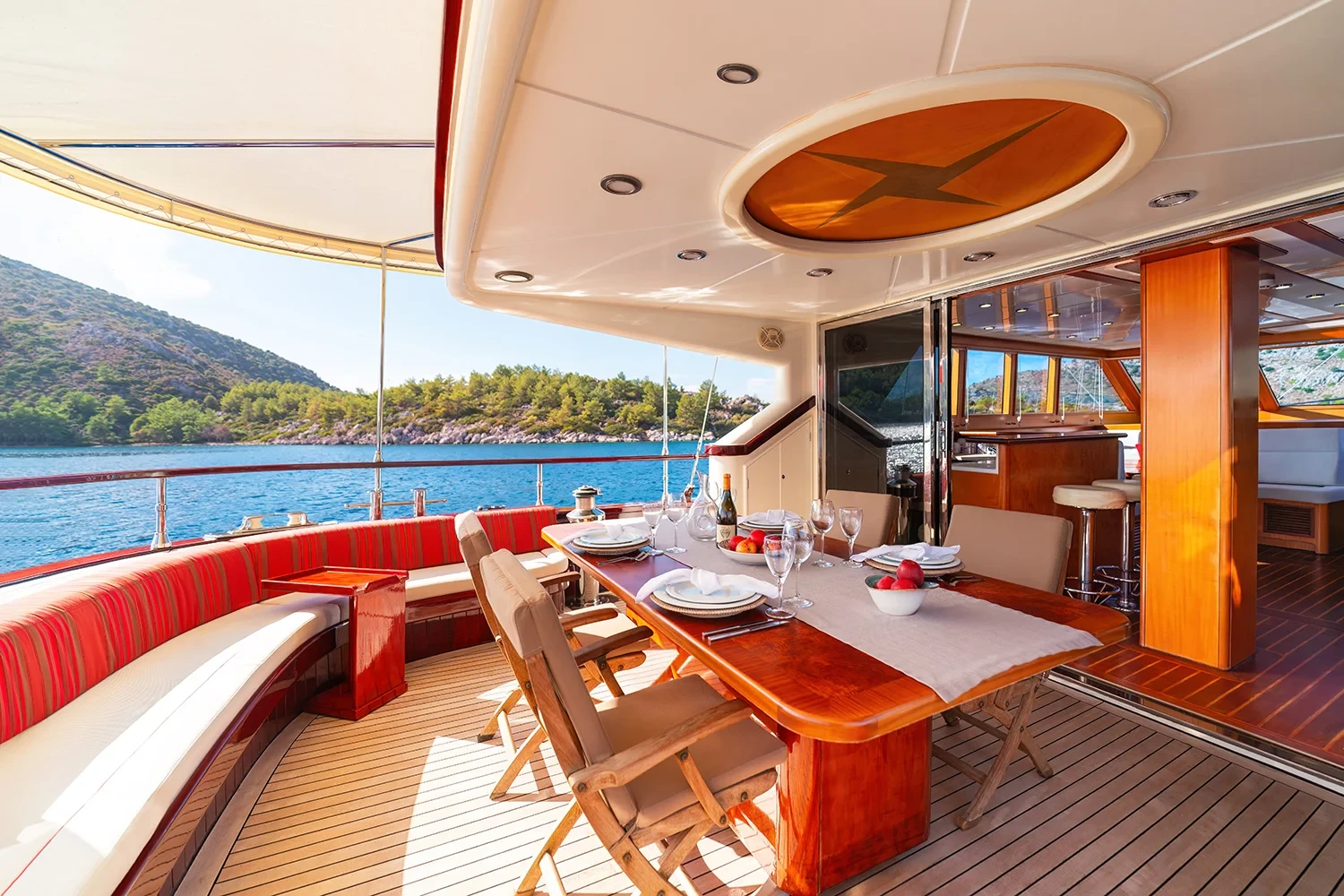 Deluxe motor sailer charter Gocek aft cockpit dining area with sea view