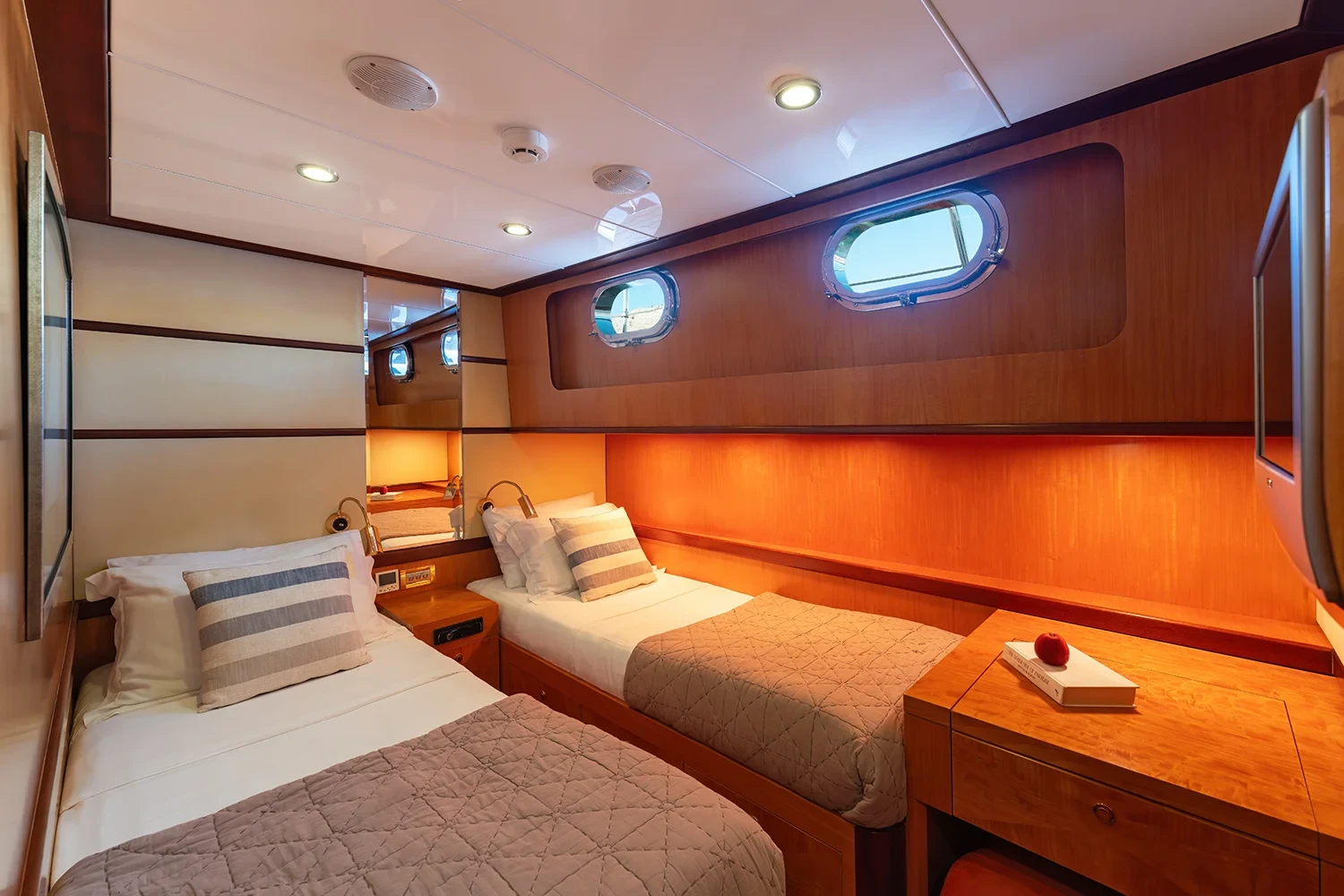 Deluxe motor sailer charter Gocek twin guest cabin with cherry panelling