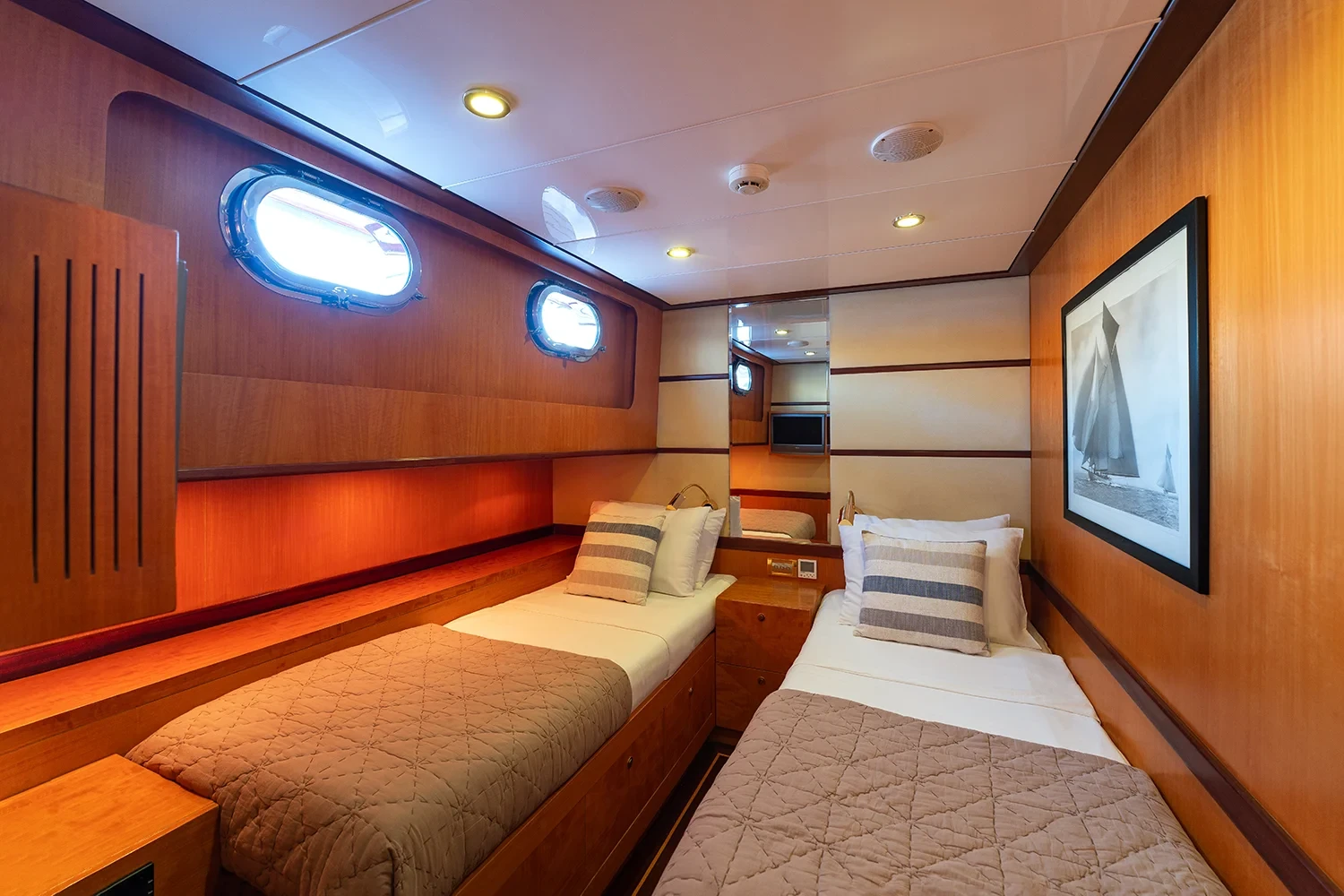 Deluxe motor sailer charter Gocek twin cabin second view with portholes