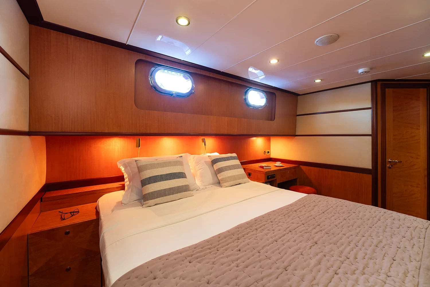Deluxe motor sailer charter Gocek VIP cabin second view with twin portholes
