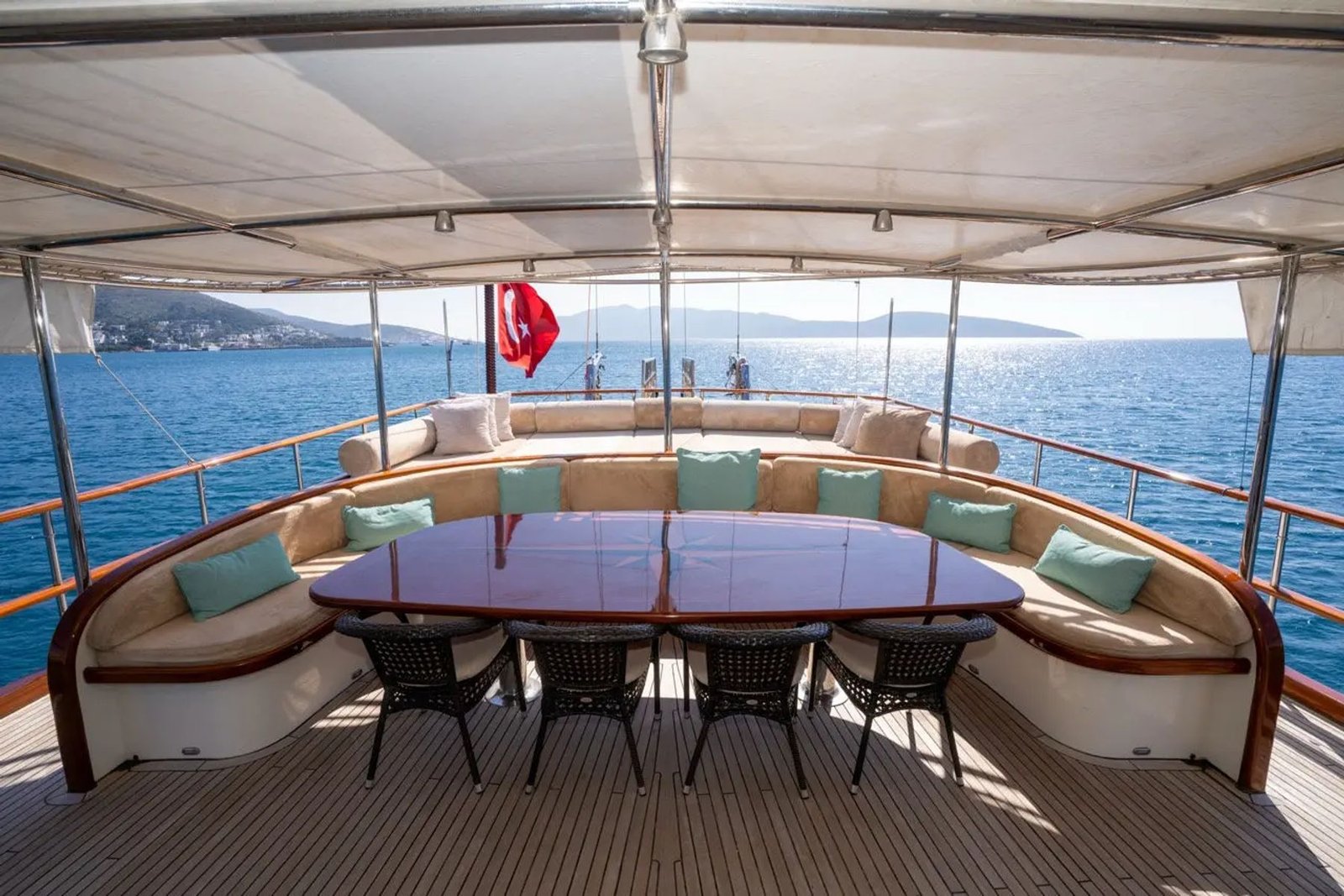 Al fresco aft deck dining table aboard this gulet charter, shaded by bimini