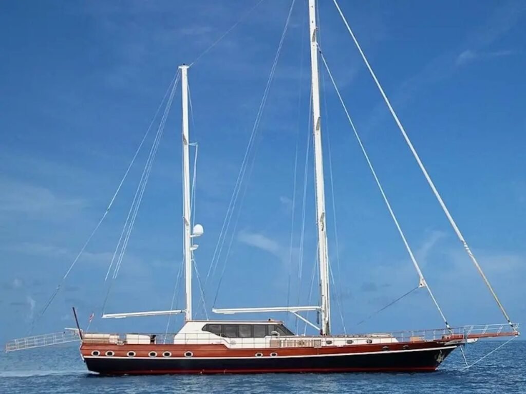 Motor sailer charter yacht at anchor in Bodrum, Turkey