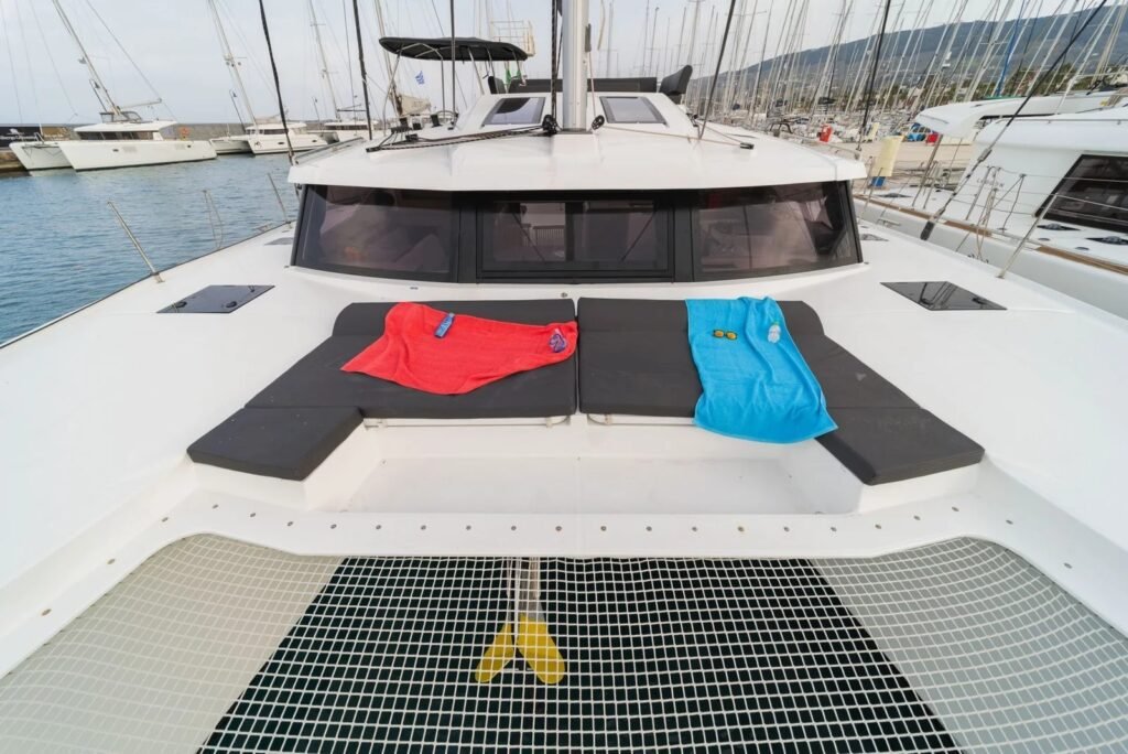 Foredeck sunpad and trampoline on Elba 45 catamaran NB1306, Kos Marina
