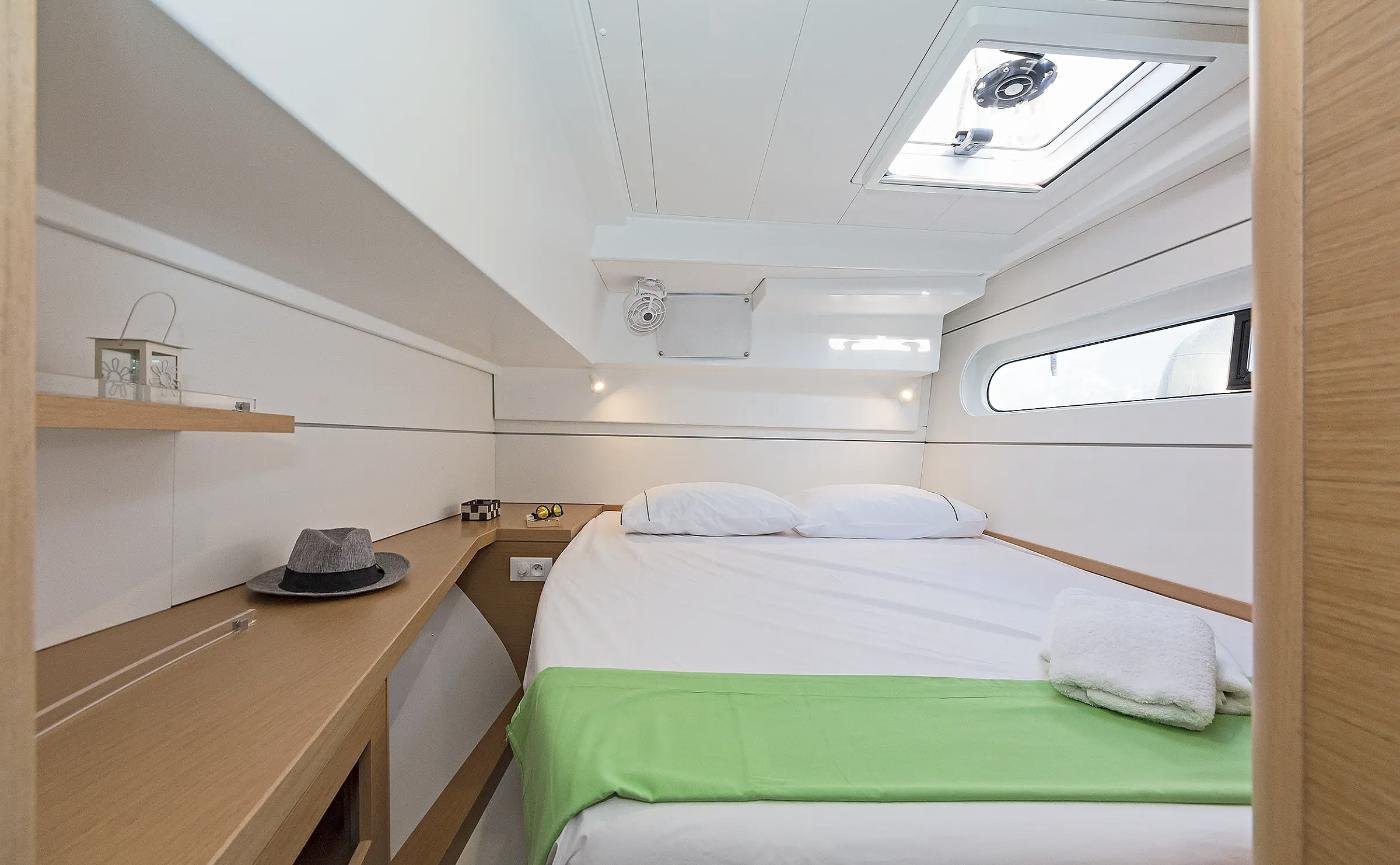 Double guest cabin with hull berth on an Excess 12 charter Kos catamaran