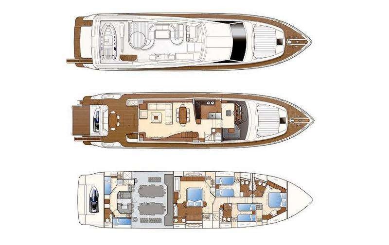 General arrangement deck plan of a Ferretti 830 Fly charter Rhodes showing flybridge, main deck and four guest cabins