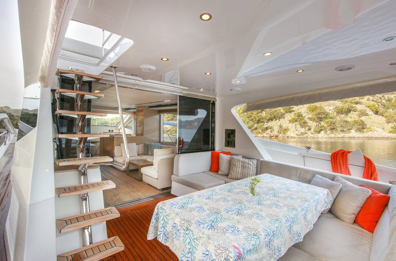 Lower deck lounge seating area aboard a flybridge motor yacht charter
