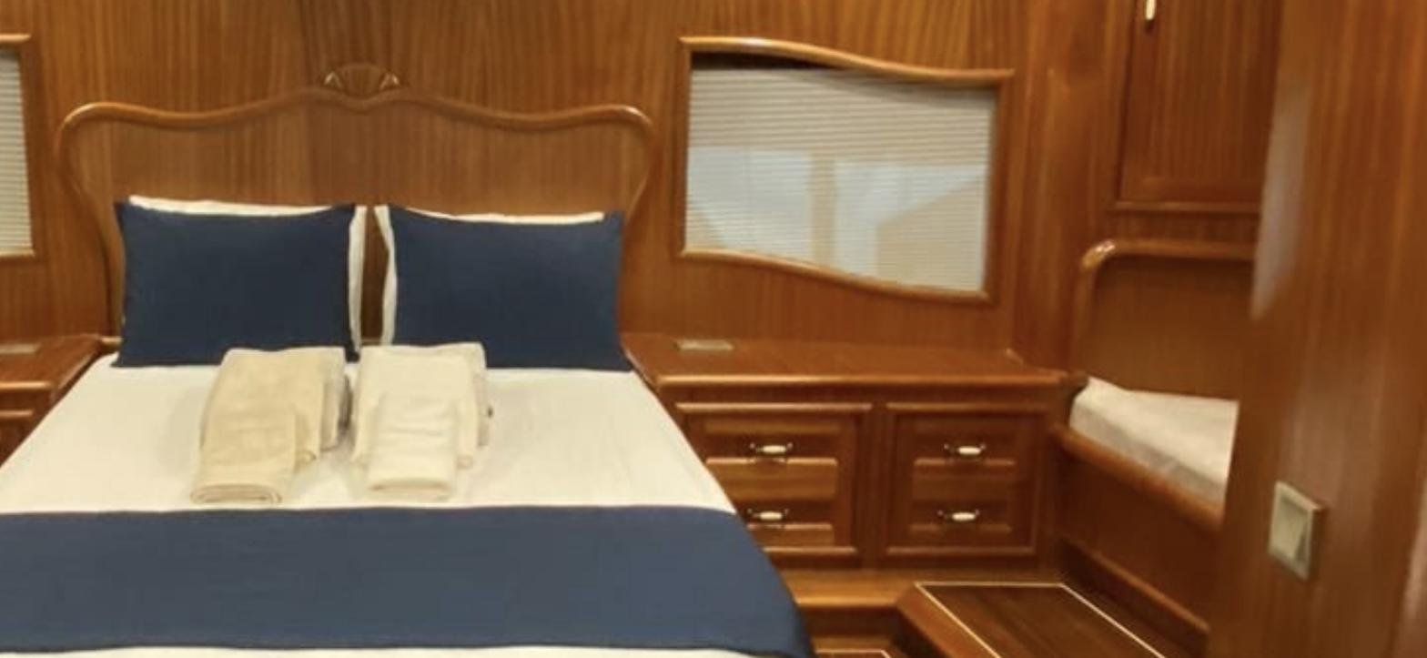 Master double cabin with timber joinery on a 26 metre gulet