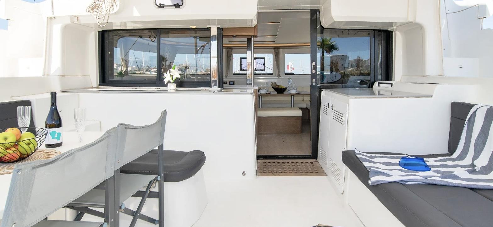 Lagoon 46 catamaran charter Rhodes – helm station with chart plotter and autopilot